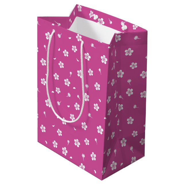 Sac Cadeau Moyen Fleurs blanches sur rose chaud (Dos Angle)