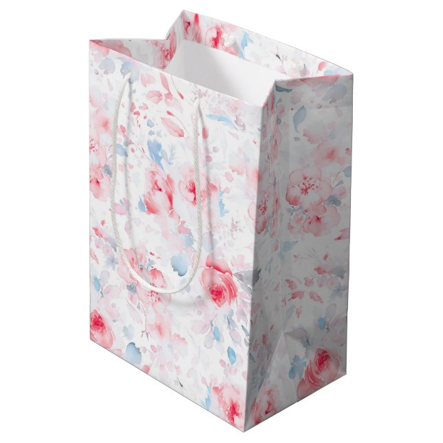 Sac Cadeau Moyen Fleurs Bleu Poussiéreux Élégant Motif Bohème Peint (Dos Angle)