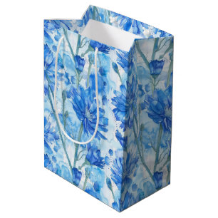 Sac Cadeau Moyen Fleurs bleues et blanches à l'aquarelle abstraite