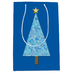 Sac Cadeau Moyen Fleurs bleues sur un sapin de Noël moderne