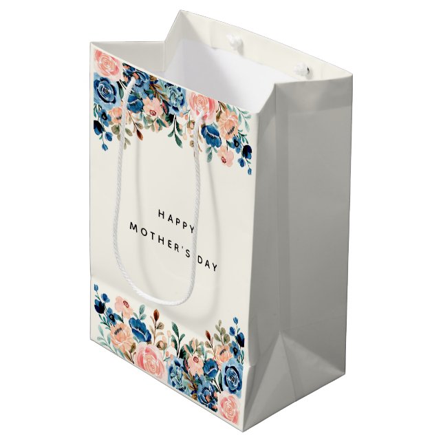 Sac Cadeau Moyen Fleurs d'aquarelle rose et bleu Fête des mères (Devant Angle)