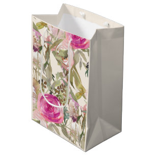 Sac Cadeau Moyen Fleurs de couleur vert sauge à l'aquarelle rose su