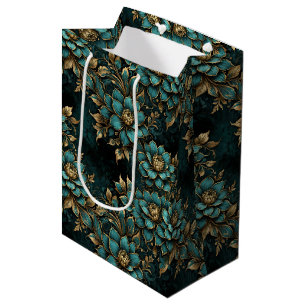Sac Cadeau Moyen Fleurs de Grunge foncé turquoise et or