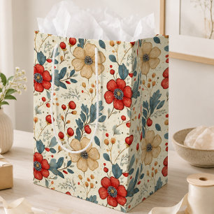 Sac Cadeau Moyen Fleurs de Noël vintage avec houx et baies rouges 
