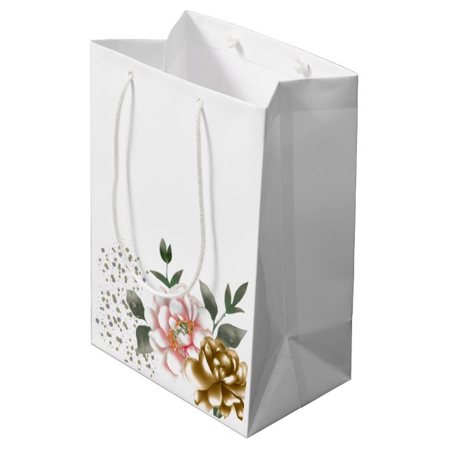 Sac Cadeau Moyen Fleurs de pivoine rose et bronze et points de conf (Dos Angle)
