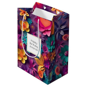 Sac Cadeau Moyen Fleurs de printemps colorées Motif Anniversaire