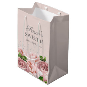 Sac Cadeau Moyen Fleurs de roses roses pailletées d'argent Sweet 16