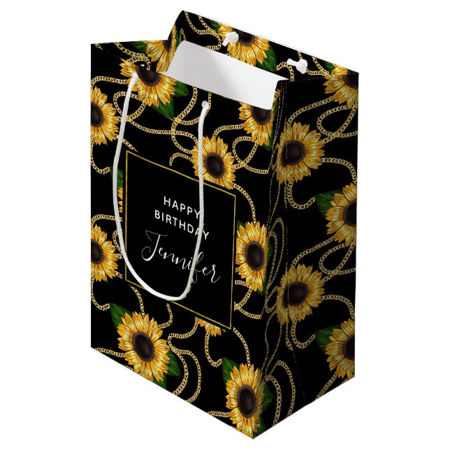 Sac Cadeau Moyen Fleurs de soleil Jaunes Classé Motif élégant Anniv (Devant Angle)