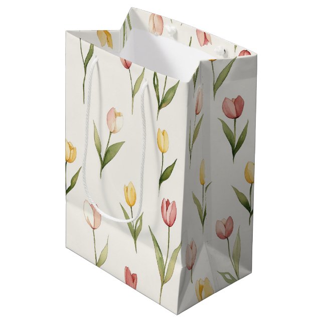 Sac Cadeau Moyen Fleurs de tulipes roses jaunes Pâques (Devant Angle)
