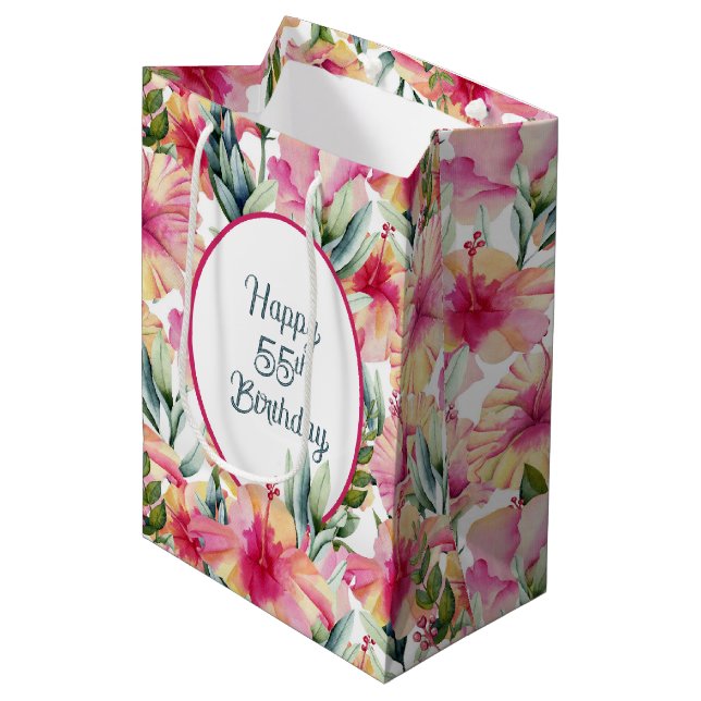 Sac Cadeau Moyen Fleurs d'Hibiscus pour 55e anniversaire (Devant Angle)