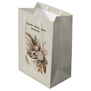 Sac Cadeau Moyen Fleurs Élégantes Feuillage et plumes Anniversaire