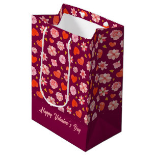 Sac Cadeau Moyen Fleurs et Coeurs roses et rouges