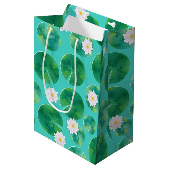 Sac Cadeau Moyen Fleurs Lys d'Eau Blanche & Motif Lily Pad (Devant Angle)