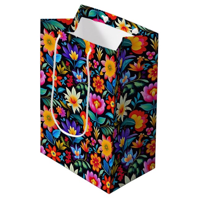 Sac Cadeau Moyen Fleurs mexicaines de fiesta carrelées (Devant Angle)