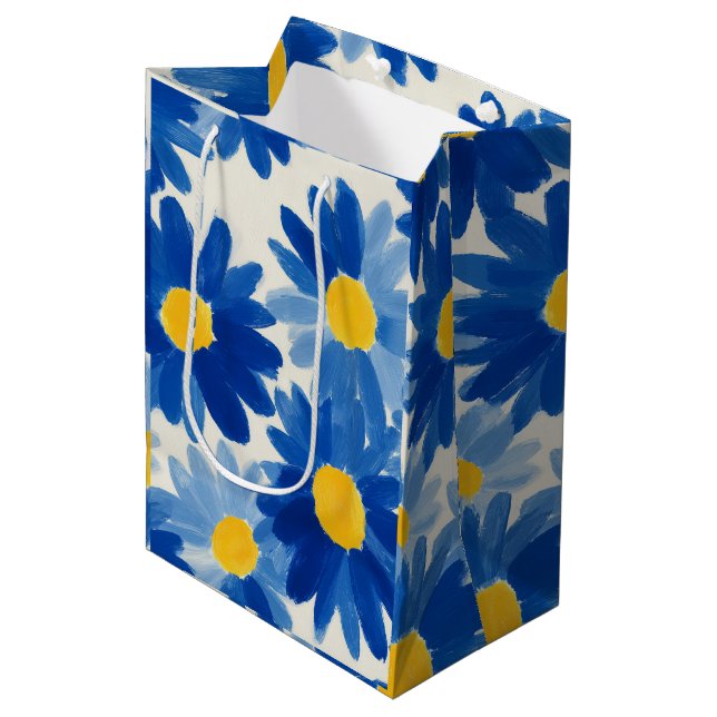 Sac Cadeau Moyen Fleurs peintes bleu et jaune (Devant Angle)