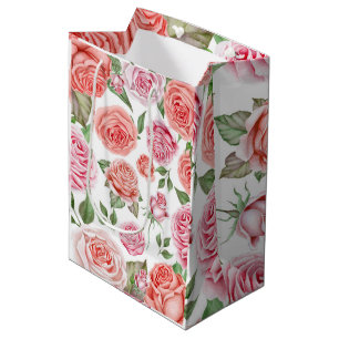 Sac Cadeau Moyen Fleurs roses corail pêche feuillage feuilles cadea