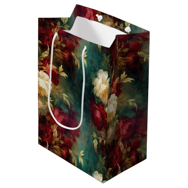 Sac Cadeau Moyen Fleurs rouges blanches or vert (Devant Angle)