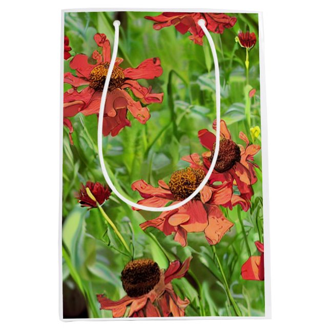 SAC CADEAU MOYEN FLEURS ROUGES RUDBECKIA (Devant)