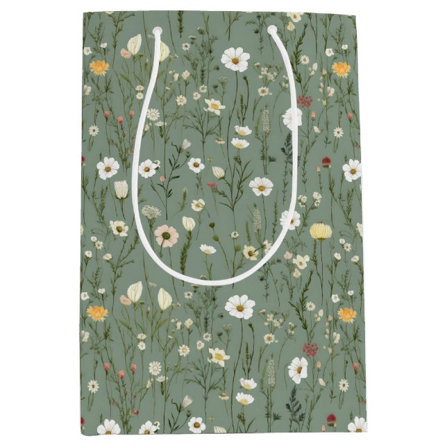 Sac Cadeau Moyen Fleurs sauvages blanches jaunes vert sauge Anniver (Devant)