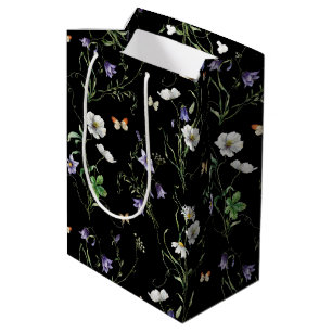 Sac Cadeau Moyen Fleurs sauvages et papillons sur le noir