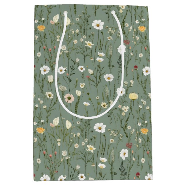 Sac Cadeau Moyen Fleurs sauvages vert sauge jaune blanc Anniversair (Devant)
