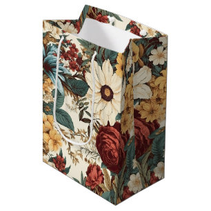 Sac Cadeau Moyen Fleurs vintages de Rose, tulipe, lys et marguerite