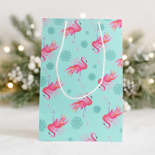 Sac Cadeau Moyen Flocon de neige rose de Noël (Pink flamingo xmas gift bags)