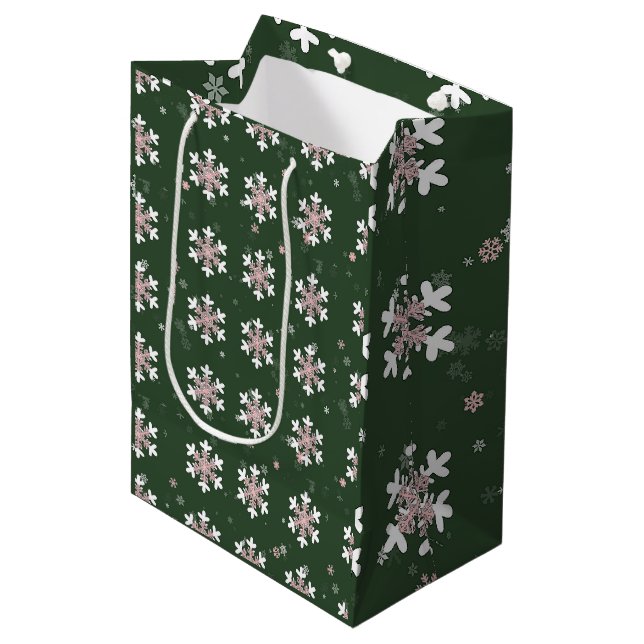 Sac Cadeau Moyen Flocons Blancs Roses Verts (Devant Angle)