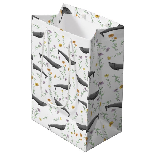 Sac Cadeau Moyen Floral Blue Whale Motif d'illustration (Devant Angle)