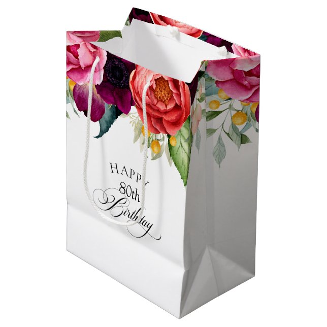 Sac Cadeau Moyen Floral Boho rustique 80e anniversaire (Devant Angle)