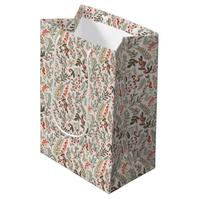 Sac Cadeau Moyen Floral d'hiver scandinave et vacances Berry (Devant Angle)