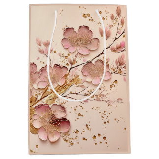 Sac Cadeau Moyen Flore rose et or Élégant minimaliste