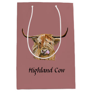 Sac Cadeau Moyen Fluffy Red Highland Cow Art numérique original   