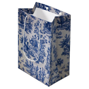 Sac Cadeau Moyen Française toile de jouy bleu et blanc élégant