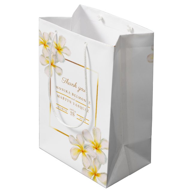 Sac Cadeau Moyen Frangipani or blanc mariage d'art des fleurs tropi (Dos Angle)