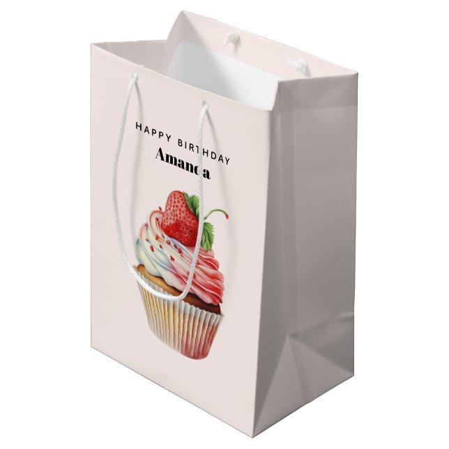 Sac Cadeau Moyen Gâteau Cupcake Fraise Dessert Anniversaire (Devant Angle)