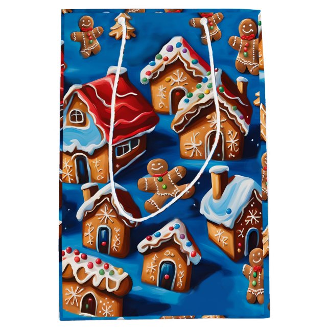 Sac Cadeau Moyen Gingembre de Noël Cookies Maisons Arbres Vacances  (Devant)