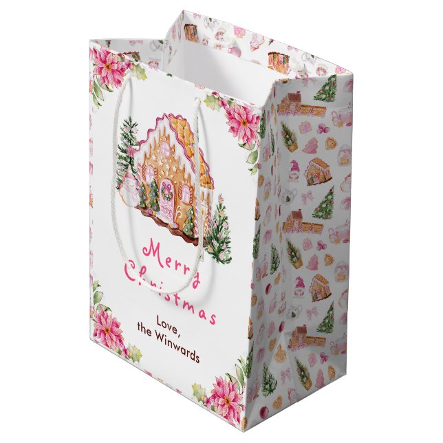 Sac Cadeau Moyen Gingerbread House Pink Merry Christmas (Dos Angle)