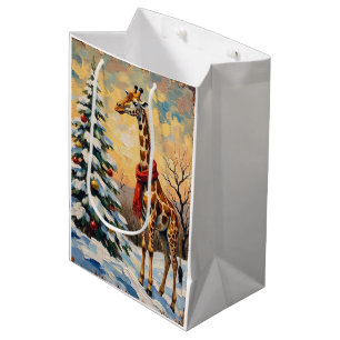 Sac Cadeau Moyen Girafe de Noël vintage dans la savane enneigée