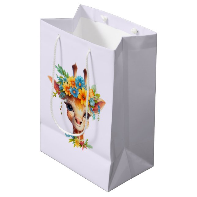 Sac Cadeau Moyen Giraffe mignonne à couronne florale (Devant Angle)
