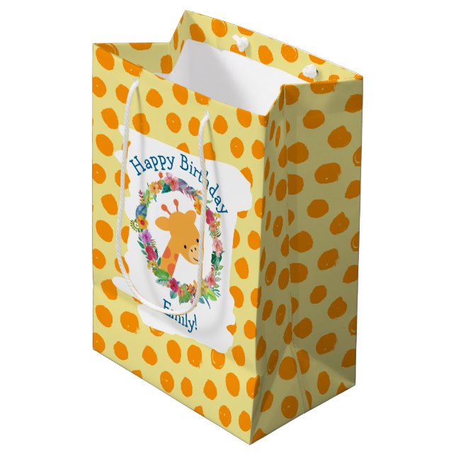 Sac Cadeau Moyen Giraffe mignonne avec une couronne florale Anniver (Devant Angle)