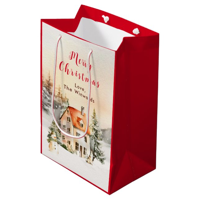 Sac Cadeau Moyen Gîte de vacances d'hiver Joyeux Noël (Devant Angle)