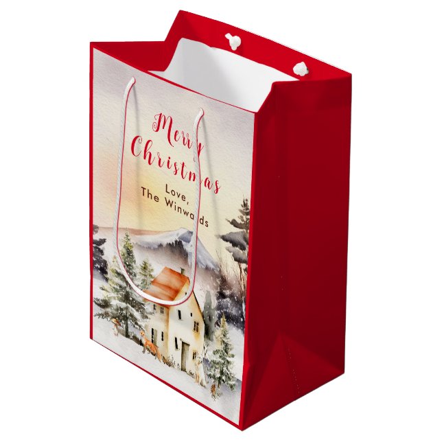Sac Cadeau Moyen Gîte de vacances d'hiver Joyeux Noël (Devant Angle)