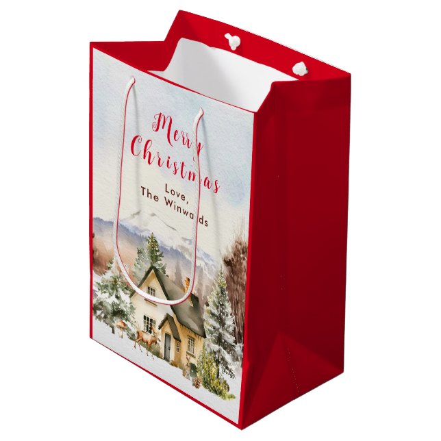 Sac Cadeau Moyen Gîte de vacances d'hiver Joyeux Noël (Devant Angle)