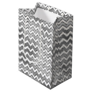 Sac Cadeau Moyen Glam Silver White Zigzag Stripes