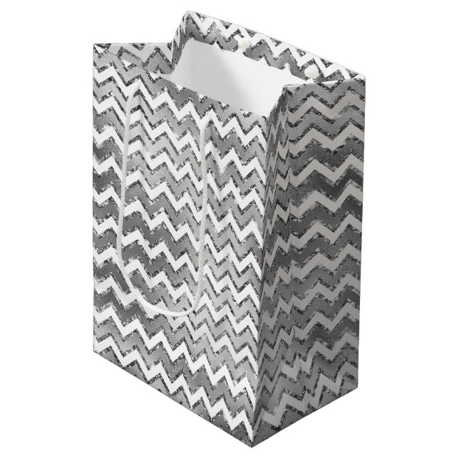 Sac Cadeau Moyen Glam Silver White Zigzag Stripes (Devant Angle)