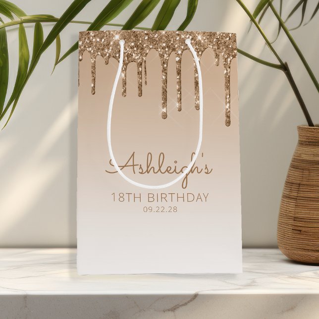 Sac Cadeau Moyen Glitter Drip 18e Anniversaire Or (Créateur téléchargé)