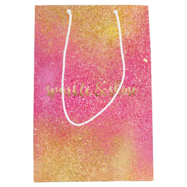 Sac Cadeau Moyen Glitzy rose or étincelle et brillance (Devant)