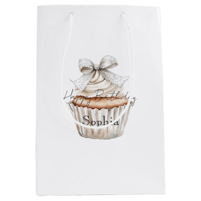 Sac Cadeau Moyen Glitzy Silver White Cupcakes Bow Birthday (Devant)