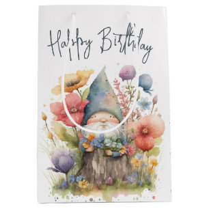 Sac Cadeau Moyen Gnome D'Anniversaire En Fleurs